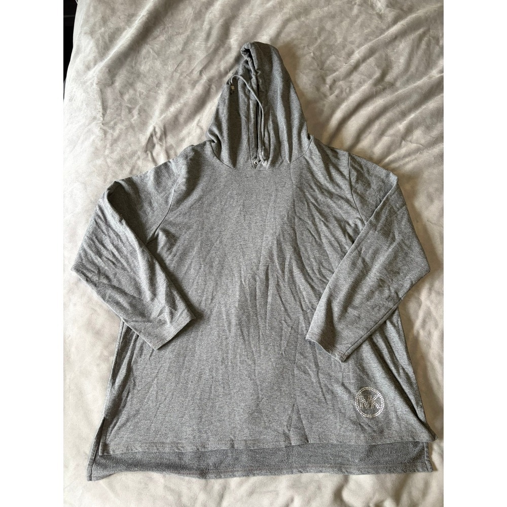 Michael Kors Gray Rhinestone MK Logo Hoodie Long Sleeve Top Womens L